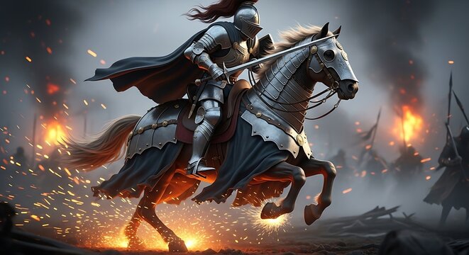 Epic Medieval Knight Charging on Horseback Through Fiery Battlefield. - Powered by Adobe