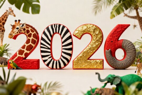 A close-up of 2026 digits designed with playful zoo-themed animals and elements on a festive holiday background, featuring vibrant colors and soft lighting, ideal for seasonal marketing, greeting card