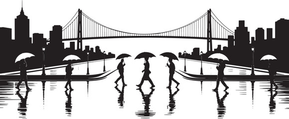 Fototapeta premium Urban Cityscape Silhouette Umbrella People Walking Bridge Urban Skyline City Scenery