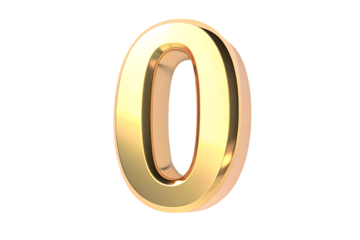 Shiny golden metallic number zero 0 with realistic reflections and highlights isolated on transparent background