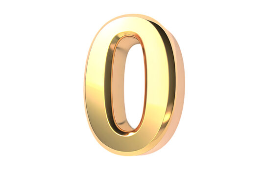 Shiny golden metallic number zero 0 with realistic reflections and highlights isolated on transparent background