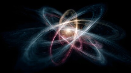 Abstract visualization of atomic structure showing glowing electrons in dynamic orbital paths and energetic trails against a dark background