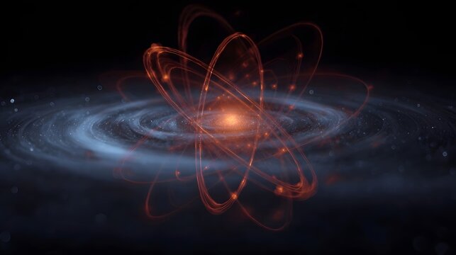 A glowing atomic structure with orbiting electrons is depicted against a backdrop of a cosmic galaxy