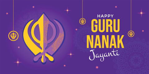 Guru Nanak Jayanti banner. Symbol of sikhism, text. Vector illustration