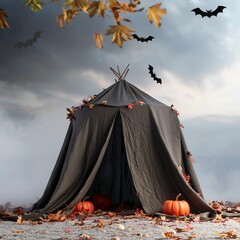 Spooky tent with pumpkins and flying bats.