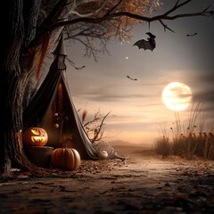 Spooky tent under full moon with pumpkins.
