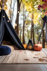 Cozy autumn camping scene with seasonal decor.