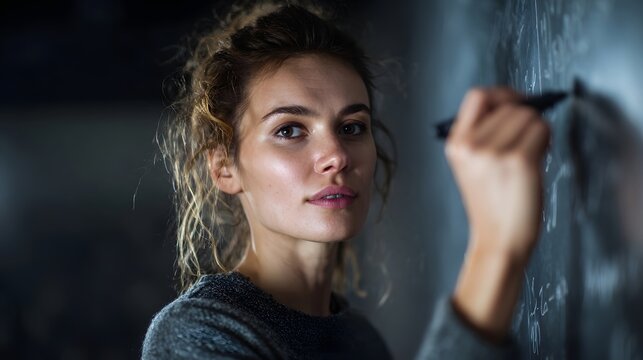 A focused female scientist writing complex equations on a blackboard in a dimly lit room