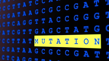 A 3d illustrates a genetic mutation within a DNA sequence. The word "MUTATION" is highlighted in a glowing rectangular box against a background of repetitive DNA base pair letters (A, T, C, G)