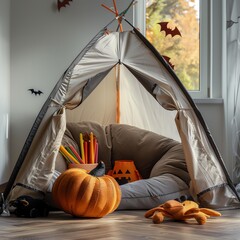 Cozy indoor tent with pumpkins and decor.