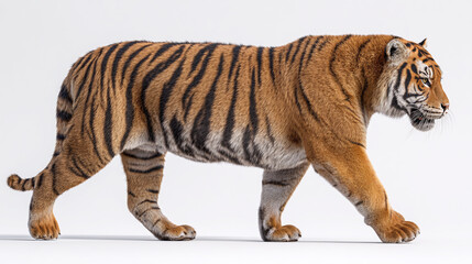 Obraz premium A majestic tiger walking gracefully on a plain white background in a studio setting view