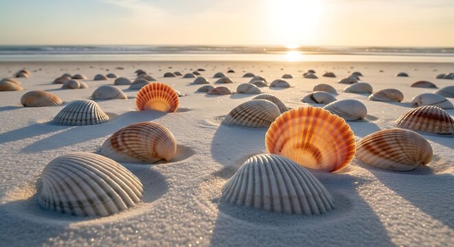 Seashells scattered on a sandy beach at sunset with gentle waves in the background.