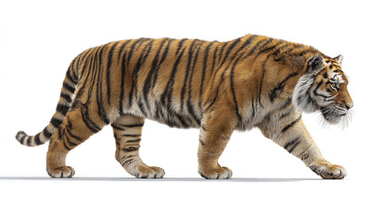 Obraz premium A full body shot of a tiger walking from left to right on a white background in studio light
