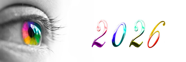 2026 and colorful rainbow eye header, new year greeting card web banner © Delphotostock