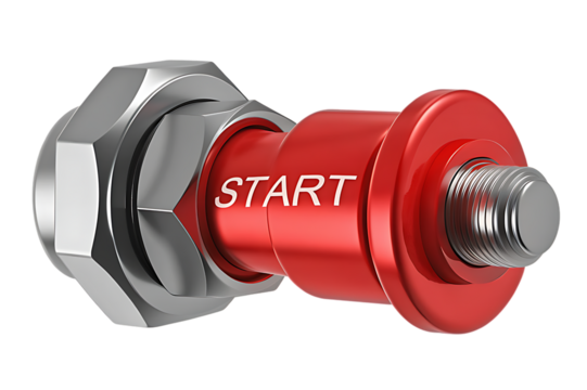 Close up of a red metal start button with a silver hexagonal nut isolated on transparent background