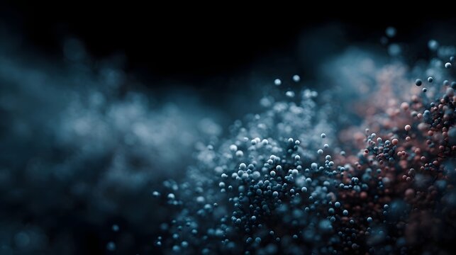 Abstract swirling cloud of microscopic particles in shades of blue and red against a dark background