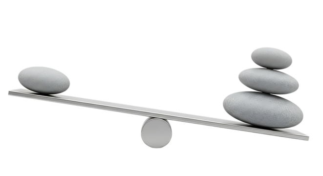 Stacked stones and single stone on a tilting balance scale representing equilibrium and contrast isolated on transparent background
