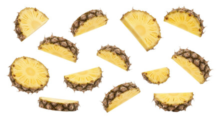 Naklejka premium Sliced Pineapple Pieces Scattered Pattern cutout isolated on transparent bg, png