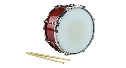 A red snare drum with drumsticks resting in front of it isolated on transparent background