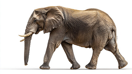 Fototapeta premium A full body shot of an african elephant walking against a plain white background studio shot