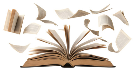 Torn and scattered pages of an antique open book flying apart on a transparent background isolated on transparent background