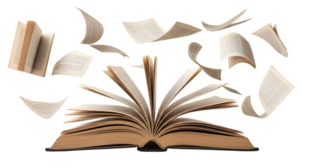 Torn and scattered pages of an antique open book flying apart on a transparent background isolated on transparent background