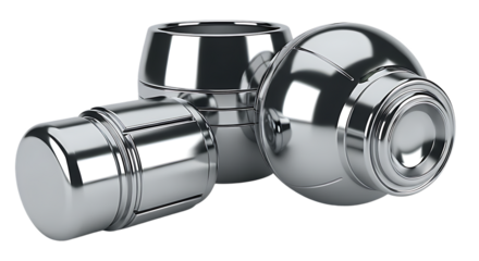 Three polished chrome metal cylindrical caps with grooved edges isolated on transparent background