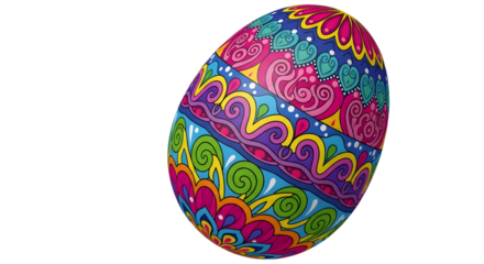 Vibrant and intricately decorated easter egg with colorful paisley patterns isolated on transparent background