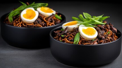 Delicious noodle dish with egg modern kitchen food photography dark background close-up culinary art