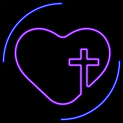christian cross neon sign, modern glowing banner design, colorful modern design trends on black background. Vector illustration.