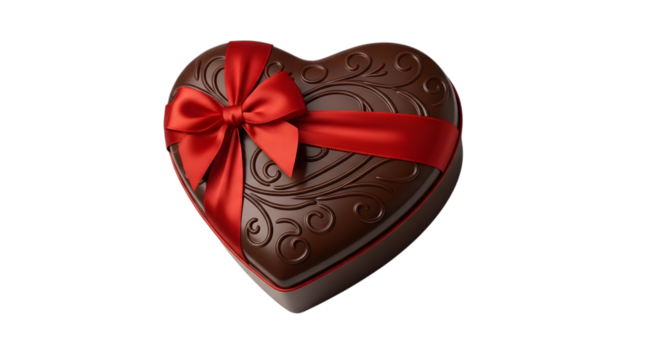 Rich dark chocolate heart shaped candy with red ribbon bow isolated on transparent background - Powered by Adobe