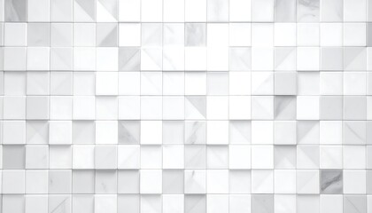 Abstract tiled mosaic background. The surface consists of irregularly arranged white and gray marble squares and triangles, creating a subtle 3D effect