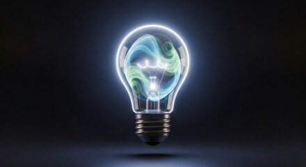 A light bulb with blue and green smoke inside it, glowing with a bright light, symbolizing innovation and creative ideas
