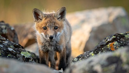 An adorable fox cub stares directly at the camera. It is framed by mossy rocks with hints of sunlight. Another fox can be seen