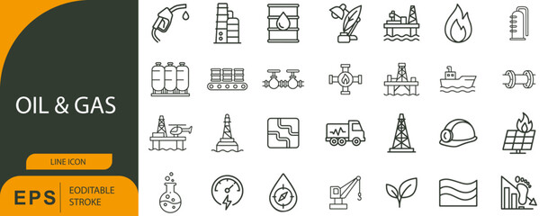 Oil & Gas Icon Set – Symbols of Energy Production, Industrial Equipment, and Safety Tools