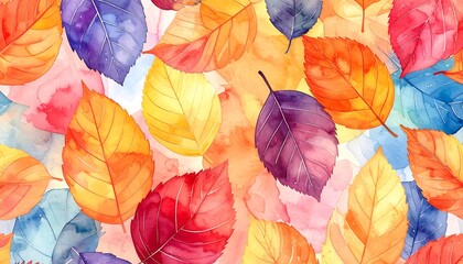 An artistic rendering shows a pattern of autumnal leaves in a watercolor style. The colorful leaves are layered upon a colorful backdrop