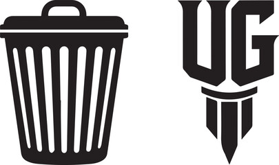 Trash Can and Stylized UG Logo on White Background Keywords: trash can, garbage bin, waste bin