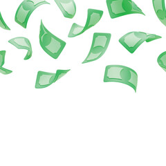 3D falling green banknotes. Realistic twisted paper currency flying. Money prize on lottery concept, rain of cash. Vector sign of earning, saving, salary and wage. Money cash payment background.