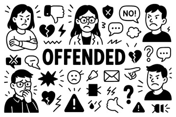 Offended emotion and resentment doodle composition with angry reactions, Transparent Background