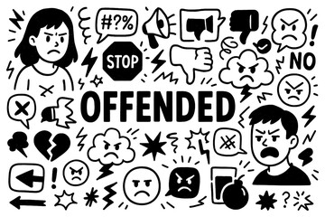 Offended emotion and resentment doodle composition with angry reactions, Transparent Background