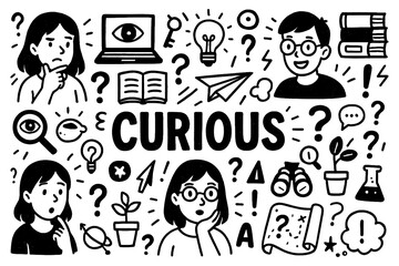 Curious mindset and learning exploration doodle composition with question symbols, Transparent Background