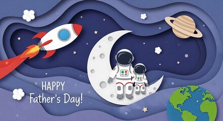 Father and Child Astronauts Celebrate Fathers Day in Space with Rocket and Planets.