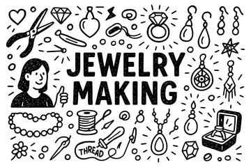 Jewelry making craft and handmade accessories doodle composition with tools, Transparent Background