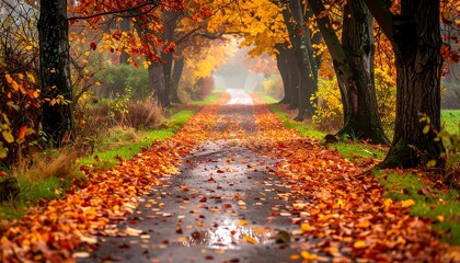 Fototapeta premium An autumnal pathway winds through a tree-lined lane, bathed in golden light, leading toward a misty distance
