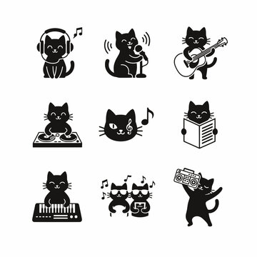 Black Cat music, DJ, sing, boombox, synth icons cats twitch emotes white isolated background