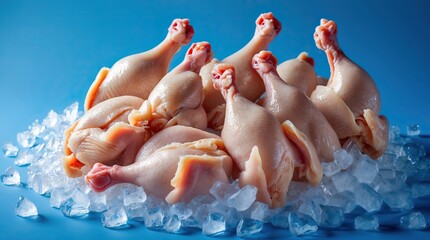 Raw Plucked Chickens Arranged in a Circle on Ice with Cool Blue Background (AI-generated)