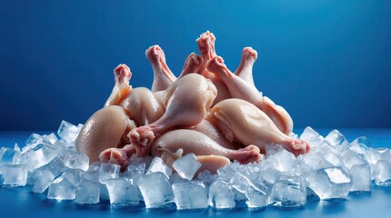 Raw Plucked Chickens Arranged in a Circle on Ice with Cool Blue Background (AI-generated)
