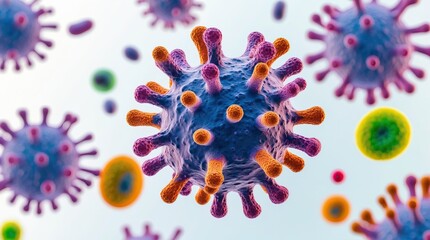 Colorful 3D Visualization of Virus Particles Featuring Coronavirus Spikes (AI-generated)