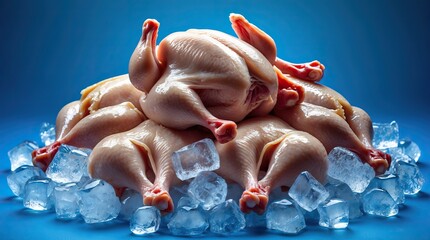Raw Plucked Chickens Arranged in a Circle on Ice with Cool Blue Background (AI-generated)
