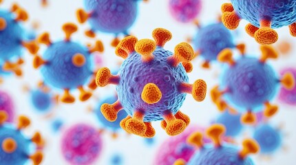 Colorful 3D Visualization of Virus Particles Featuring Coronavirus Spikes (AI-generated)